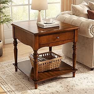 PADMA HOUSE Solid Wood End Table with Drawer & Storage Shelf, 24" H Square Sofa Side Table with Natural Wood Grain Tabletop, Apartment Bedside Table with Turned Legs for Home Office, 22.83 * 24in