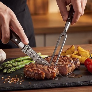 Premium Handcrafted Fork and Steak Knife Set Damascus Steel Carving Set Walnut Handles Elegant Dining Knives Set