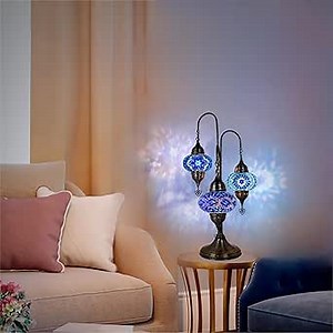 Turkish Mosaic Bedside Lamp 3-Globe Tree Design | Exquisite Moroccan & Turkish Lamps | Vintage Desk & Unique Table Lamp Assortment for Home Décor (Different Blue)