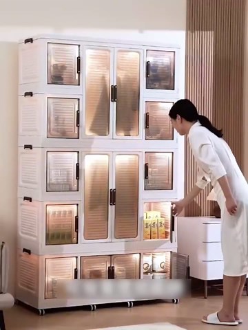 Portable Wardrobe Closet Storage Organizer for Clothes, Plastic Collapsible Closet Organizer with Magnetic Transparent Door, for Living Room Bedroom,Easy Assemble,8 Cubes & 2 Hanging Rod