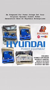 Hyundai Power Generators Portable: • HD4000DE 230V 60Hz 2.8/3.0 KW Wheels & Handle - Only PHP 49,950.00 • HD7000SE 230V 60Hz 5.0/5.5 KW Wheels & Handle - Only PHP 69,730.00 Standby: • HD22DS 220/127V 60Hz 20/22KVA Only PHP 340,120.00 • HD44DS 220/127V 60Hz 40/44KVA Only PHP 466,650.00 • HDM31DSS 230/133V 60Hz 29/31KVA Only PHP 341,300.00 Rhythmix Enterprises is operating since 2008 - We take care of the musical instruments and audio system of CBBC San Pedro, CBBC Tarlac, and etc. Services offere