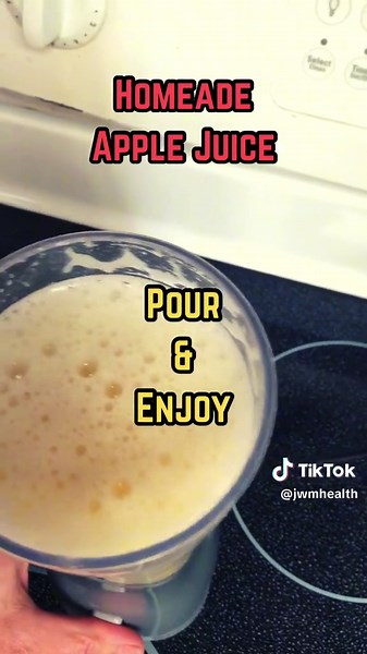 Homeade Apple Juice Recipe. Bkend two apples and two cups of water in a blender. Blend until smooth. Strain into a glass if you don’t like the little apple pieces. Chill and enjoy! #foryoupage #applejuice #applejuicerecipe #diyjuice #healthyjuice #healthyjuicerecipes