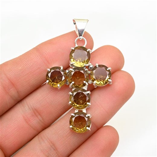 Sterling Silver Gemstone Cross Pendant, Golden Brown Quartz Cross Necklace Charm, Religious Jewelry Gift for Her - Etsy