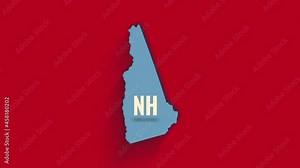 3d animated map showing the state of New Hampshire from the United State of America. USA. 3d New Hampshire state with shadow on red background
