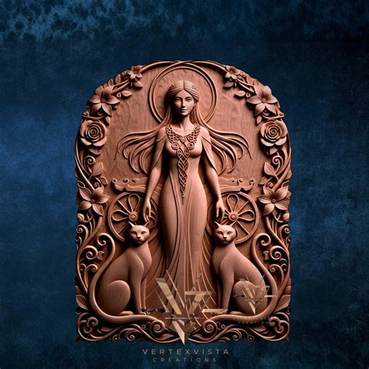 Goddess Cat Relief STL | Elegant Woman With Cats CNC File | Mystic Female Wall Art | 3D Wood Carving Design | Router Engraving STL - Etsy