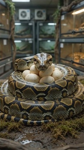 enormous python slowly coils around the eggs, flicking its