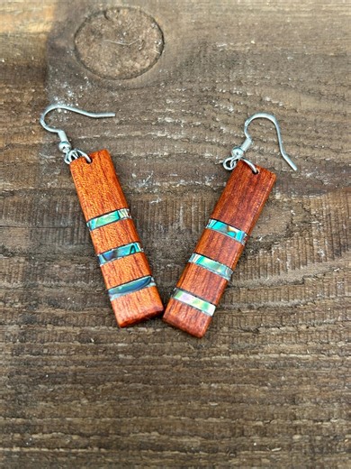 Bubinga Wood Abalone Inlay Earrings – Hand Cut Shell Artisan Jewelry