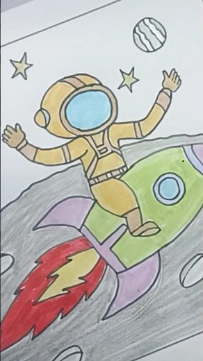 Astronaut Drawing, easy drawing space, moon, rocket
