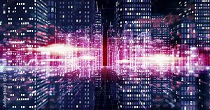 High tech smart city futuristic aerial city flight animation. Digital city. Business and technology related 4K 3D animation.