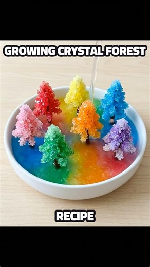 Baking Soda Growing Forest. You will need: Baking Soda (Indicated by the project title) Scissors Small piece of modeling clay Food coloring Water (Shown being poured) Shallow bowl or dish Cardboard or heavy paper (To cut the tree shapes from, though not explicitly listed, this is standard for "growing" structure experiments). Instructions: Create the Trees: Use your scissors to cut out small tree shapes from cardboard or heavy paper. Secure the Stand: Use a small piece of modeling clay as a base