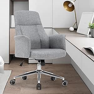 Home Office Chair, Modern Mid Back Rocking Chair, Height Adjustable Task Chair with Silent Swivel Wheels, Stylish Linen Fabric Armchair for Living Room and Bedroom, Elegant Gray