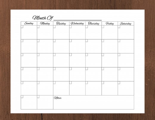 Blank Monthly Calendar Template: Editable PDF Printable (digital Download) - Etsy UK