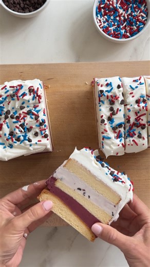 6.8M views · 25K reactions | Turn a store-bought poundcake into a festive red, white and blue dessert featuring your choice of ice cream(s). It’s the ultimate easy, but impressive sweet finale for your 4th of July bash!  RECIPE: https://www.justataste.com/easy-july-4th-ice-cream-cake-recipe/ | Just a Taste | Facebook