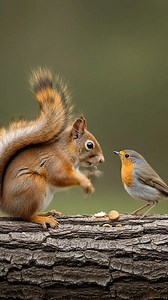 A red squirrel pauses on a log as a small bird leans in to inspect a nut crumb. Tiny paw movements and quick bird hops make the moment feel alive and curious. #birdwatching #birdslover #nature #natgeowild #birds | Feather Focus