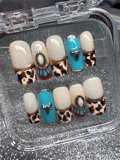 Cow Print Metal Turquoise Press on Nails: Handmade Reusable Luxury Gel Nails - Etsy