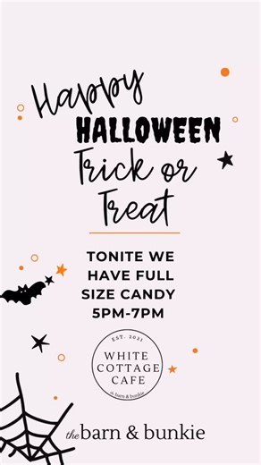 🎃 Trick-or-Treating at The Barn & Bunkie!🍬 Come on out tonight and show us your amazing costumes! 👻 We’re set up on the porch for our annual trick or treat tradition handing out full size candy and soaking in all the spooky fun. Stop by, grab some sweets and let us see your Halloween best! 🕸️🎃 📍 The Barn & Bunkie Porch ⏰ 5-7pm | Barn & Bunkie