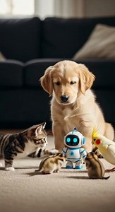 Curious pets meet robot friend 🐶🤖🐱 Watch their adorable first encounter #pets #robotics #cutepets