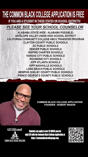 6.3K views · 36 reactions | If you are a student in an Alabama high school or one of the school districts listed in this post, you can complete the Common Black College Application for free. Please see your School Counselor to get the Promo Code. If they do not have the Promo Code please DM us. | Common Black College Application | Facebook