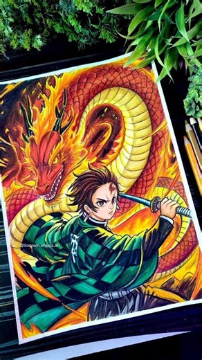 Tanjiro Drawing 🔥✍️ Sun Breathing Dragon🐉 Colour Pencil, Anime Drawing #shorts #demonslayer #drawing
