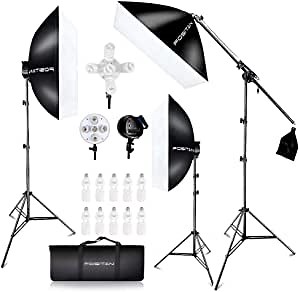FOSITAN 3X 20'' x 28''Softbox Photography Lighting Kit, Boom Arm Headlight Lighting Kit with Sandbag, 2500W Continuous Lighting Kit with 2M Light Stand, Studio Lighting Kit with 11pcs Bulbs