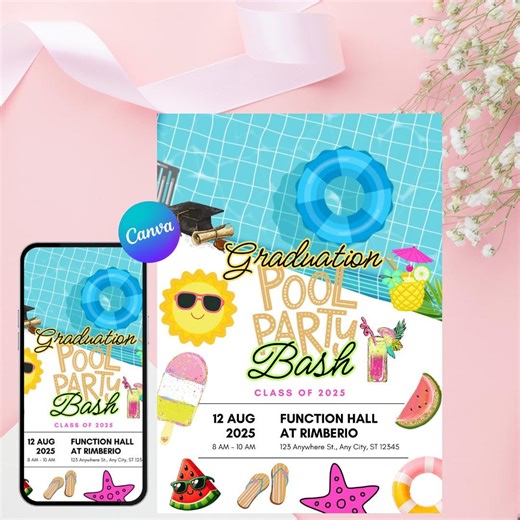 Graduation Pool Party Invitation: Editable Summer Grad Bash Invite, Printable Template - Etsy