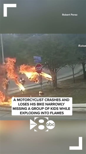 WILD VIDEO: Motorcycle crash leads to fiery explosion -- and only narrowly avoids nearby children