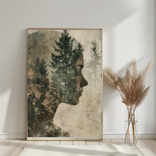 She is Nature – Woman Silhouette Forest Art, Moody Earth Tone Wall Art, Feminine Nature Portrait, Minimal Modern Decor - Etsy