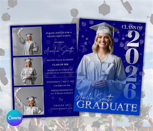Blue Silver 2026 Graduation Announcement Invitation: Editable Template ( Instant Download) - Etsy