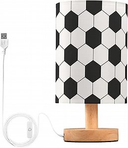 Table Lamp Black and White Hexagon Soccer Ball Pattern Sport Design Nightstand Lamp with Wood Base Fabric Lamp Shade Bedside Desk Lamp for Living Room Bedroom Kids Room Office