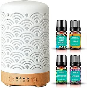 Ceramic Ultrasonic 100ml Aromatherapy Diffuser with Lavender Lemon Orange Peppermint Essential Oils Handcrafted Mist Humidifier Diffuser 7 LED Colors Changing Lights for Home Office