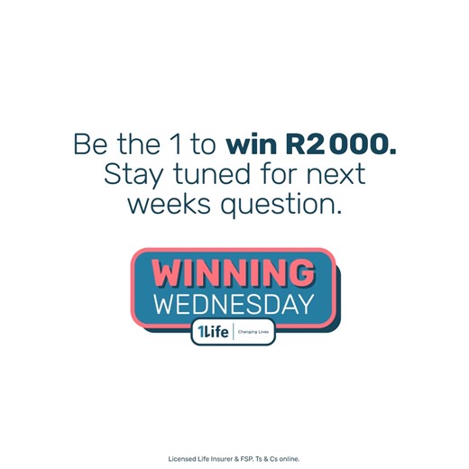 *** WINNER WINNER ***​ ​ 😉 Congrats to LAST week’s winner of R2 000 cash, Tania! 👏💙 ​ For YOUR chance to WIN 💰, enter this week's competition! #WinningWednesday #1LifeChangingLives | 1Life Insurance