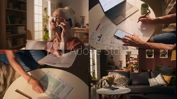 Split screen of Caucasian positive senior lady talking on phone with friend, looking through utility bills, opening laptop and calculating monthly costs using smartphone at home