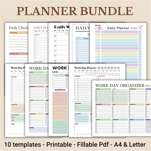 Work Day Planner Bundle, Focus Pack, Productivity Set, Daily Checklist, Fillable PDF, Letter, A4 - Etsy