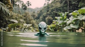 Alien Bathing in the Enchanted Lake of an Alien Forest Planet. Generative AI