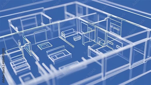 Animated architectural floor plan evolving from 2D blueprint to 3D wireframe structure on a blue background, visualizing construction and interior design concepts