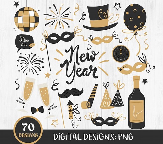Cute New Year Clipart, New Years Eve Party, Holiday Clipart, Happy New Year, Hand Drawn, Fireworks, Champagne, Crafts, PNG Files Digital - Etsy