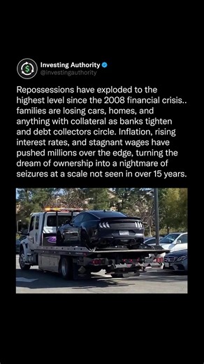 Investing Authority on Instagram: "Repossessions have surged to unprecedented levels since the 2008 financial crisis, with families losing assets like cars and homes as banks enforce stricter measures and debt collectors become more aggressive. Factors such as inflation, increased interest rates, and stagnant wages have culminated in a crisis where ownership has become a troubling reality for many, resulting in a scale of seizures not witnessed in over 15 years. Let us know your thoughts below ⬇