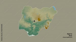 Kano, state of Nigeria, with its capital, localized, outlined and zoomed with informative overlays on a relief map in the Stereographic projection. Animation 3D