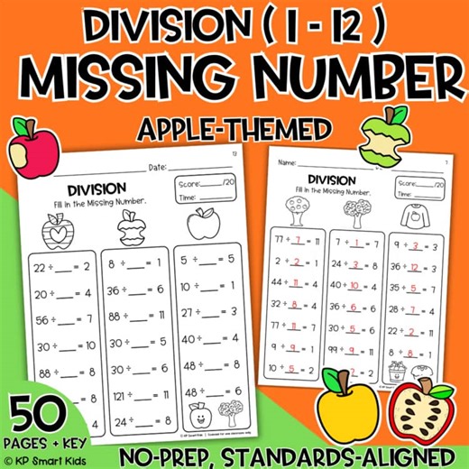 Apple Missing Number Division Practice | Facts 1–12 | Grades 3-5 Math Worksheets