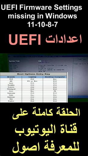 حل مشكلة إعدادات UEFI المفقودة في ويندوز 11 و10