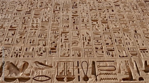 Closeup of ancient Egyptian hieroglyphic inscriptions with cartouches and bird symbols carved in sandstone wall at Medinet Habu temple in Luxor Egypt, detailed royal text.