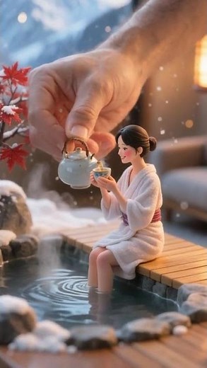 Miniature Hot Spring ASMR — Tiny Japanese Woman Enjoys Tea in Snowy Onsen | Cinematic Diorama 4K