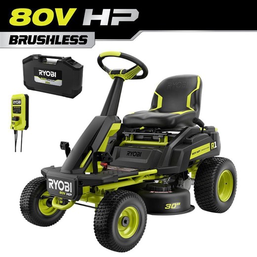 Check The Home Depot's Q&A Before Buying: RYOBI R1 80V HP Brushless Lithium Battery Cordless Electric 30 in. Riding Lawn Mower with 14 Ah Battery and Charger