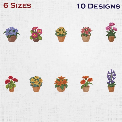 Broderi av krukväxter - Maskinfil för krukor - Digital nedladdning av blommor - 6 storlekar 10 mönster - Etsy Sverige