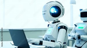 Robot as customer service wearing a headset calling with customer. Side-view portrait futuristic white robot with artificial intelligence working in crowded office typing on keyboard using computer.