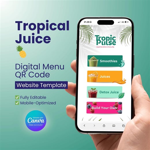 Tropical Juice & Smoothies Digital Menu QR Code Website Template for Canva - Etsy