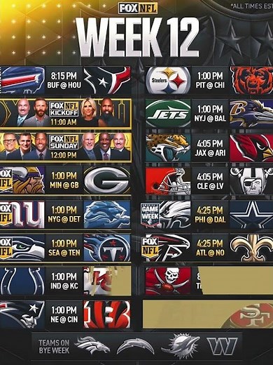 2025 NFL WEEK 12 GAMES SCHEDULE #nfl2025 #nflschedule #schedule #nfl #nflweek12 #week12