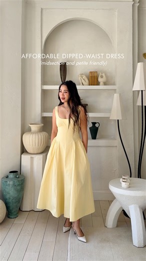 Wendy Nguyen on Instagram: "SO FLATTERING and affordable✨I honestly was shocked at how this dress seamlessly drapes over the midsection! It creates a beautiful hourglass shape without even trying. And it’s petite-friendly (comes in petite, reg and tall lengths and many colors). Comment ‘DRESS’ and I’ll DM you this dress + sizing reviews 📩 Petite friendly outfits | spring dress | https://liketk.it/5QYPx | midi dress style | midsection friendly dress"
