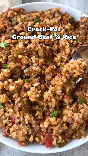 Crockpot Ground Beef Spanish Rice Recipe: https://fitslowcookerqueen.com/crockpot-ground-beef-spanish-rice/ | Shannon Epstein - Fit Slow Cooker Queen