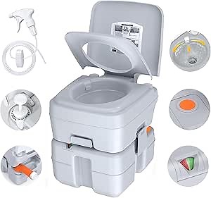 Porta Potty Portable Toilet for Camping, KAIZONPOT RV Toilets 5.3 Gallon Camping Toilet with Handle Pump, Level Indicator, Detachable, for RV, Boat and Trips